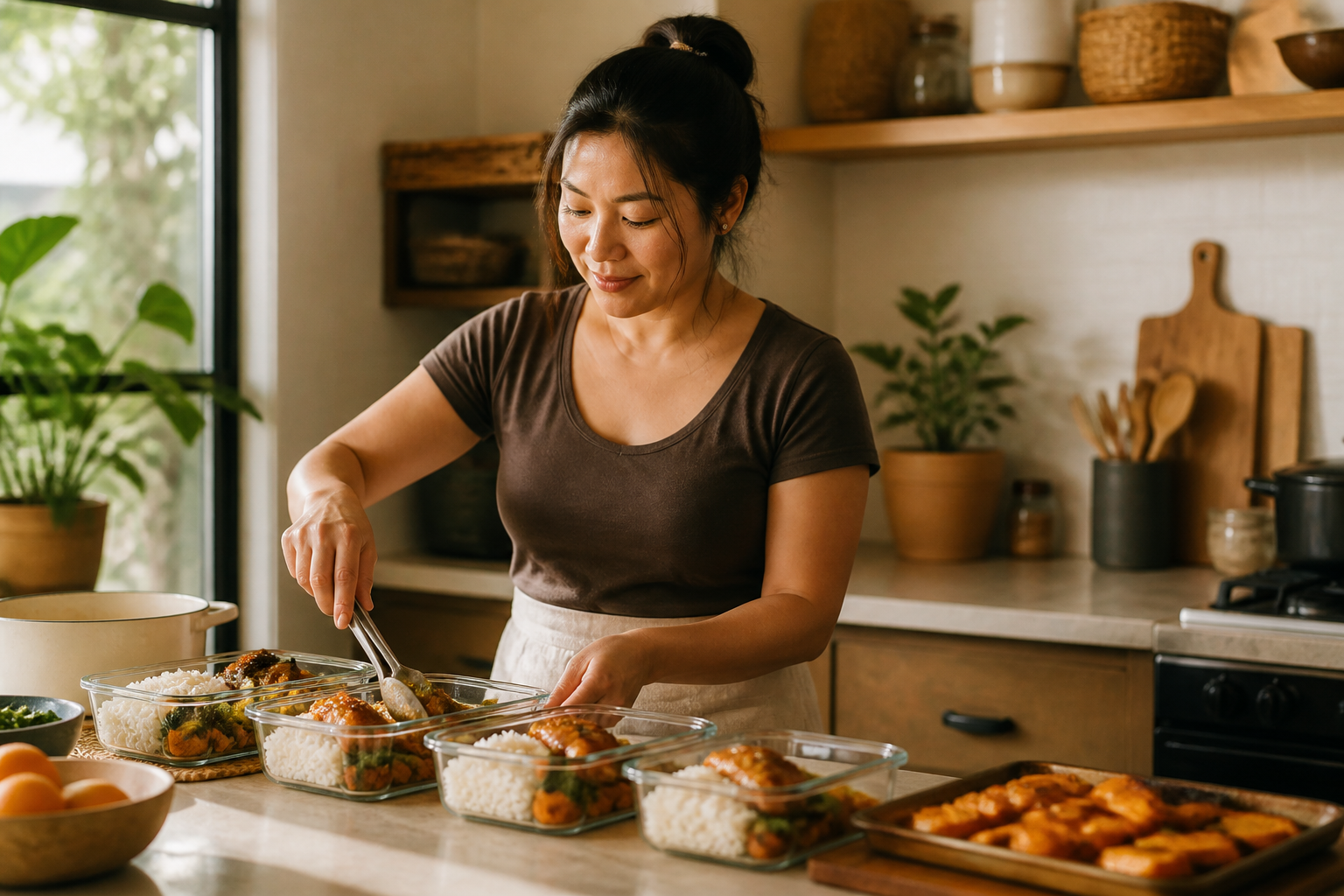 Filipino woman in her 30s doing Sunday meal prep