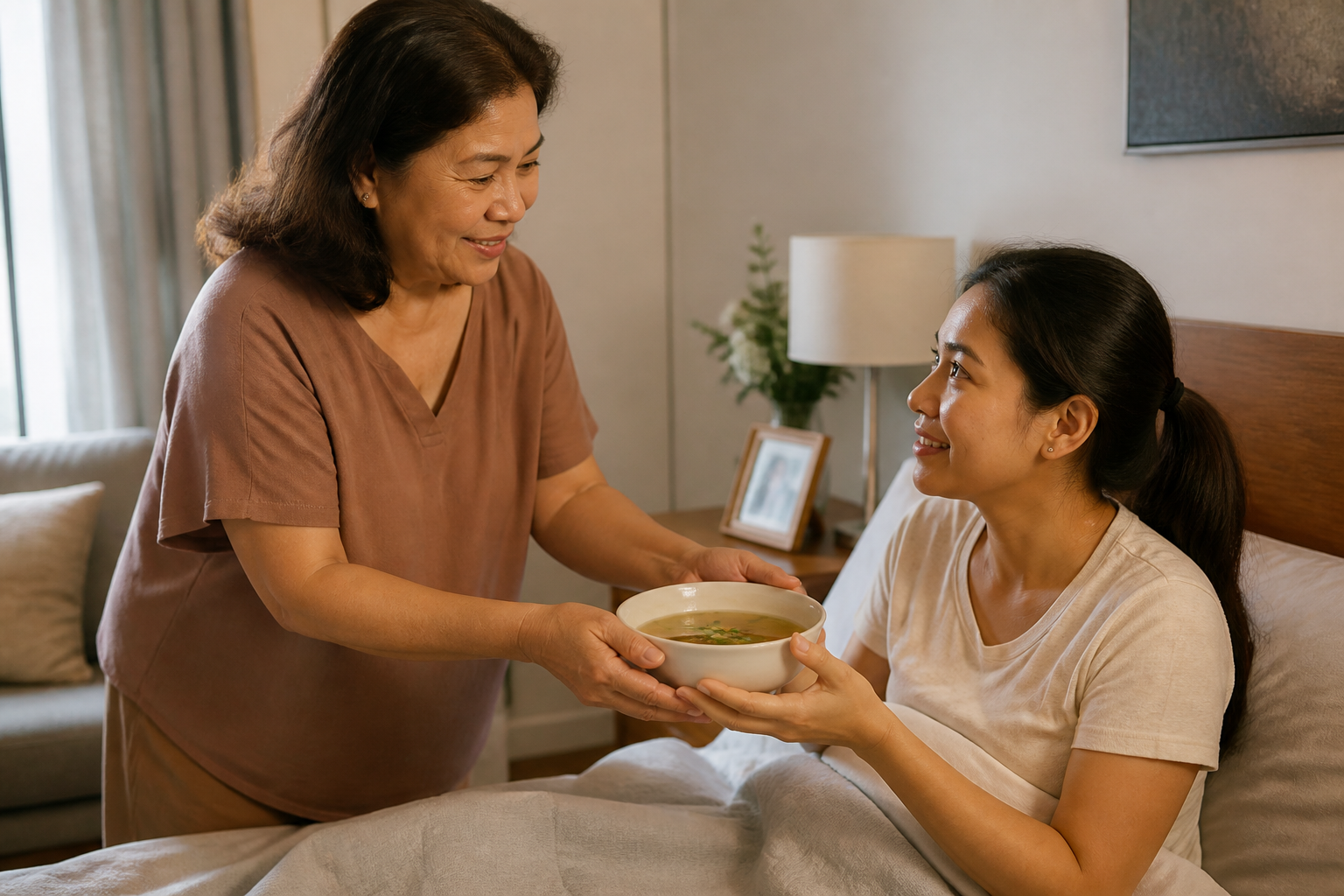 Filipino family member handing a bowl of clear broth to a seated loved one in recovery