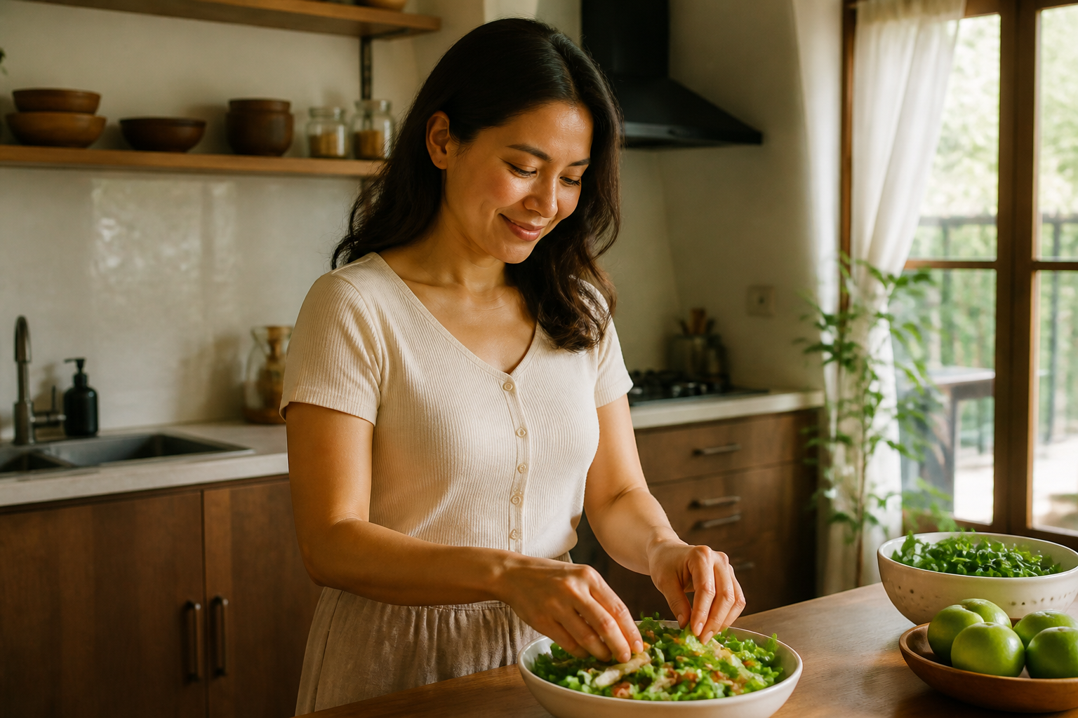 Filipino woman in her 30s in a warm home kitchen