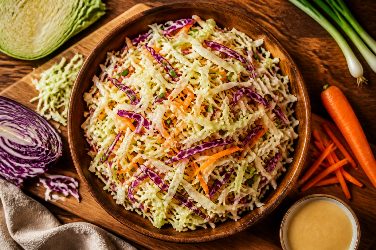 Overhead shot of Sweet and Sour Cabbage Slaw plated appetizingly in a wooden board