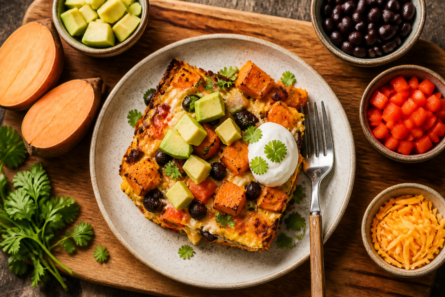 Overhead shot of Sweet Potato and Black Bean Breakfast Casserole plated appetizingly in a wooden board