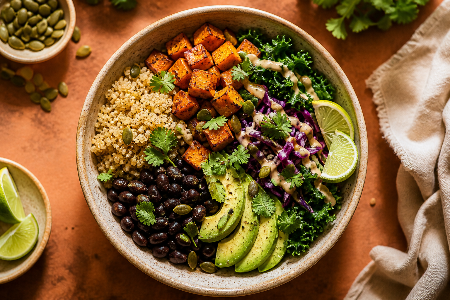 Overhead shot of Sweet Potato and Black Bean Buddha Bowl plated appetizingly in a ceramic bowl with toppings visible
