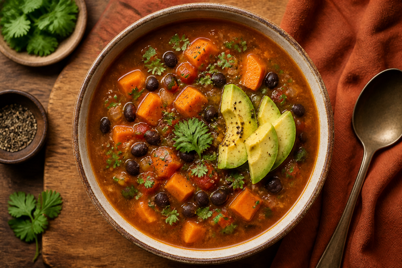 Overhead shot of Sweet Potato Black Bean Soup plated appetizingly in a ceramic bowl