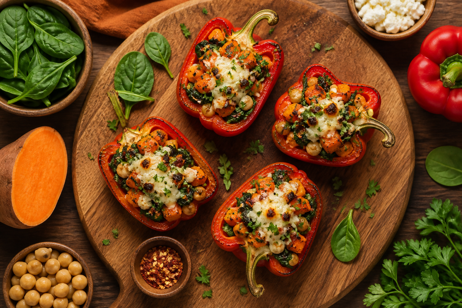 Overhead shot of Sweet Potato Spinach Stuffed Peppers plated appetizingly in a wooden board