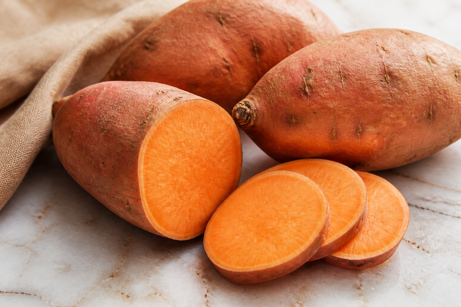 Close-up editorial still life of Sweet Potato on a clean wooden or marble surface