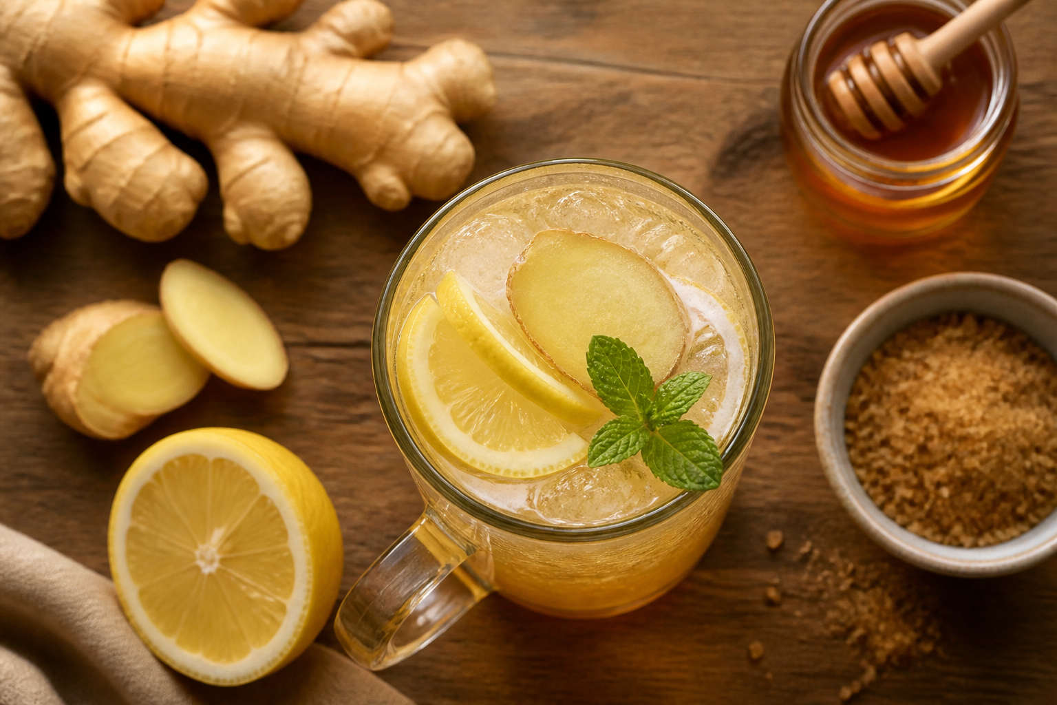 Overhead shot of Switchel Ginger Cooler plated appetizingly in a tall glass or mug