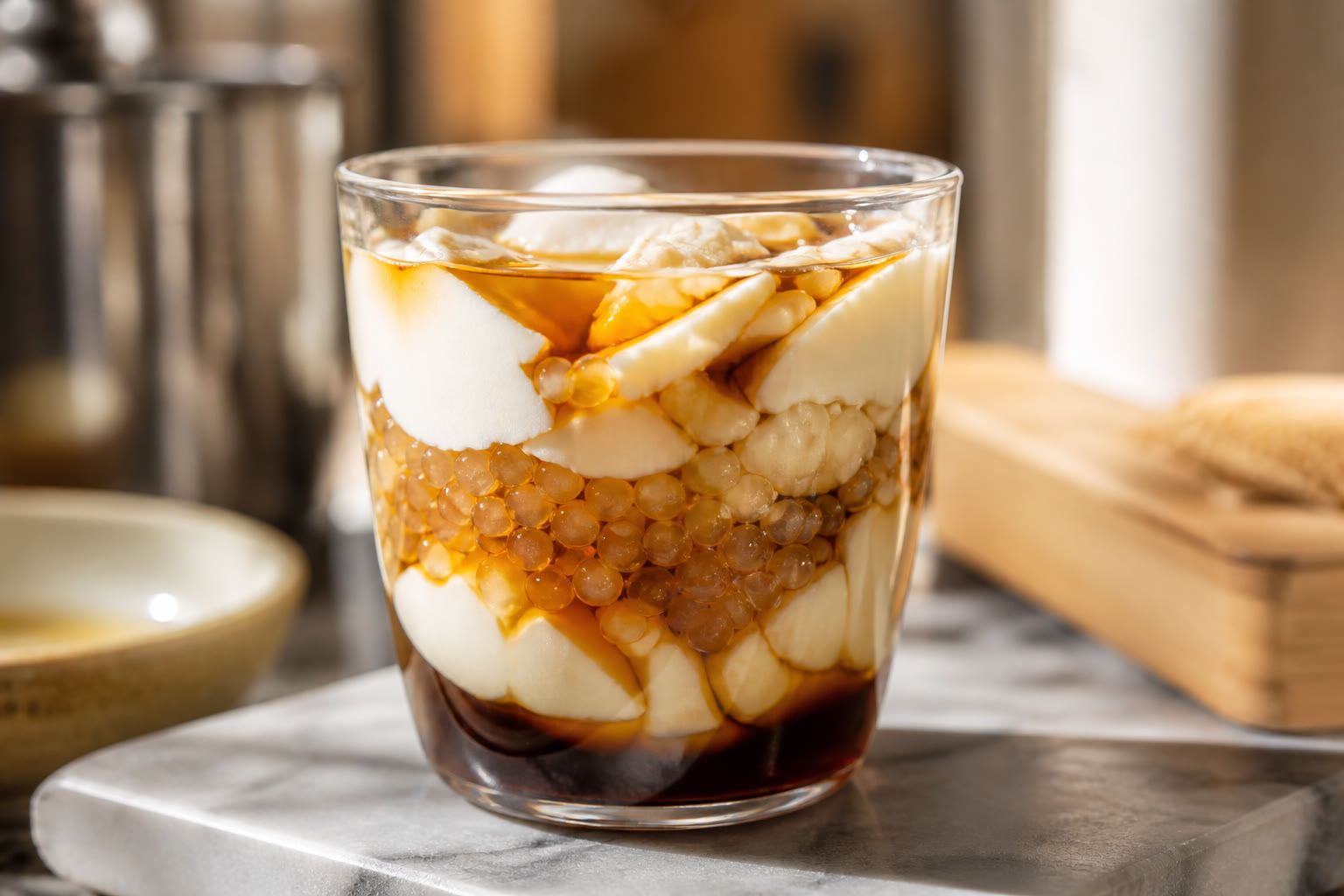 Glass cup of taho with silken tofu, sago pearls, and arnibal syrup