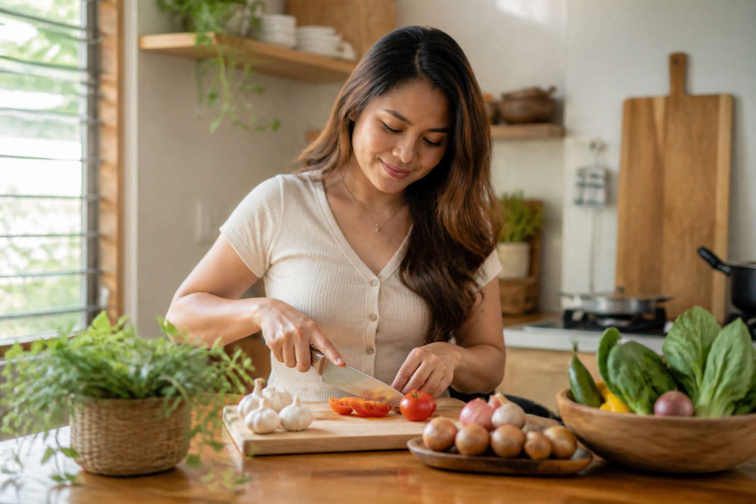 Filipino woman in her 30s in a warm home kitchen