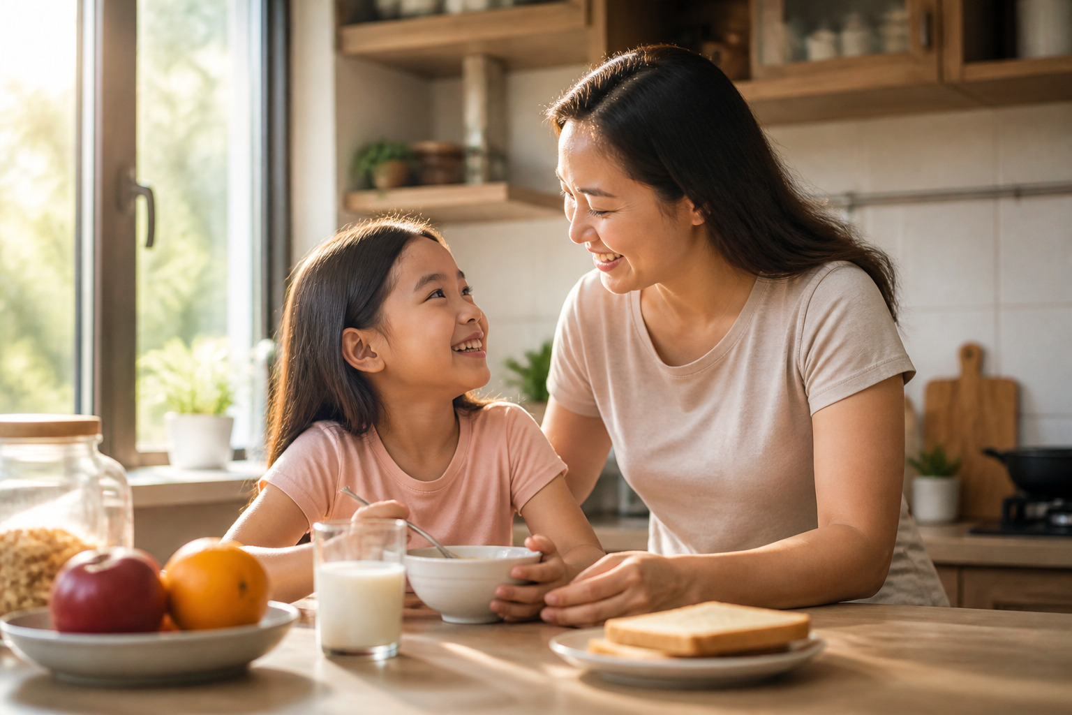 Filipino parent with a child age 6-8 in a warm home kitchen