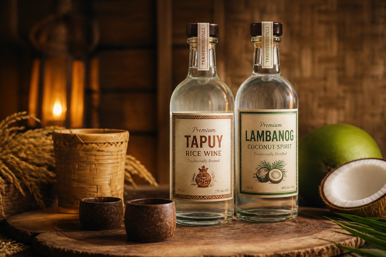 Bottles of tapuy rice wine and lambanog with traditional cups