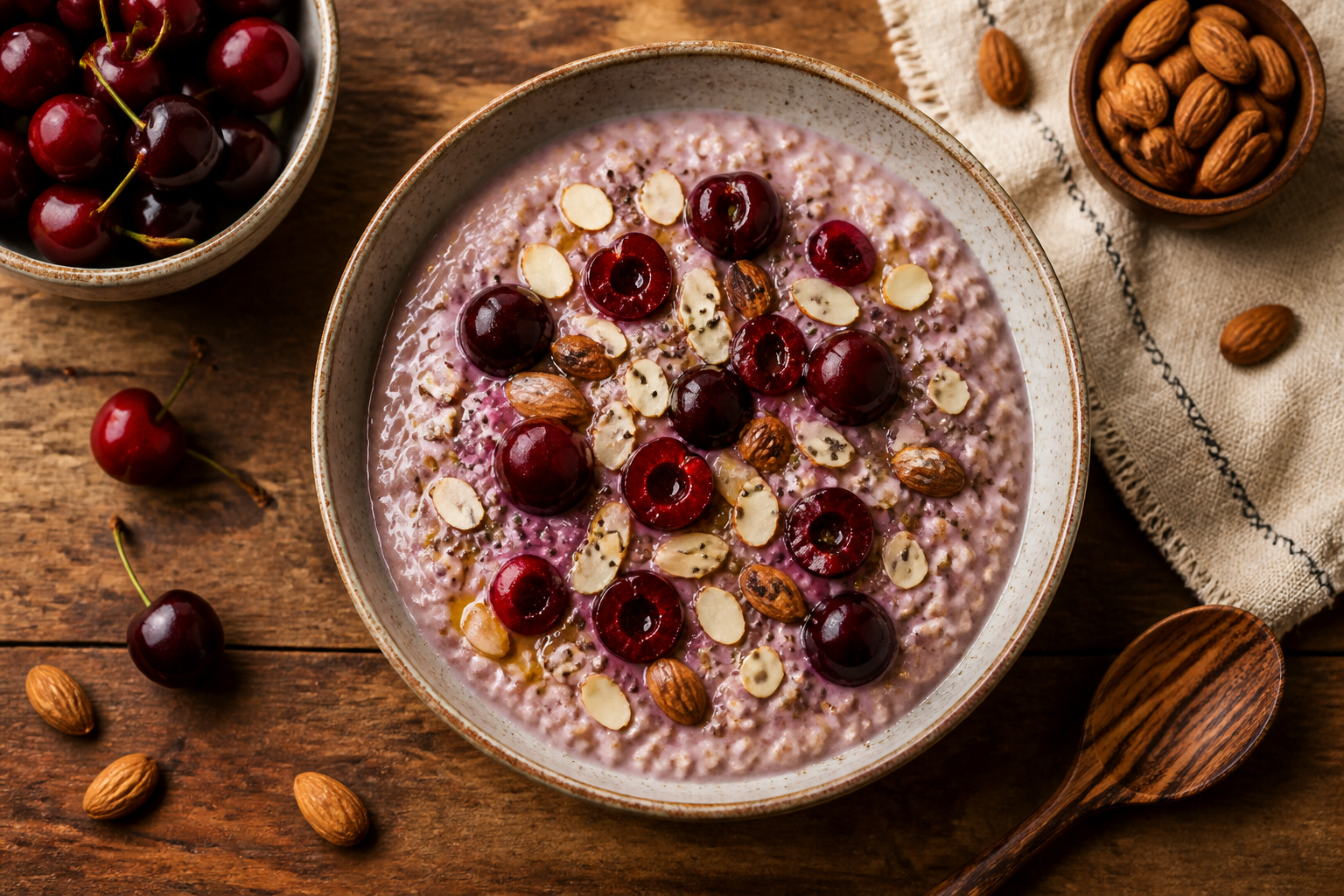 Overhead shot of Tart Cherry and Almond Bedtime Bowl plated appetizingly in a ceramic bowl with toppings visible