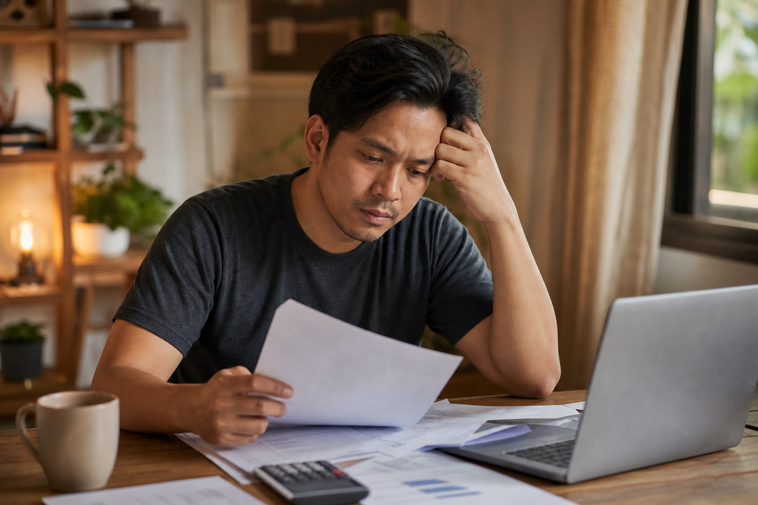 Filipino man in his 30s at a home desk surrounded by financial documents and a laptop