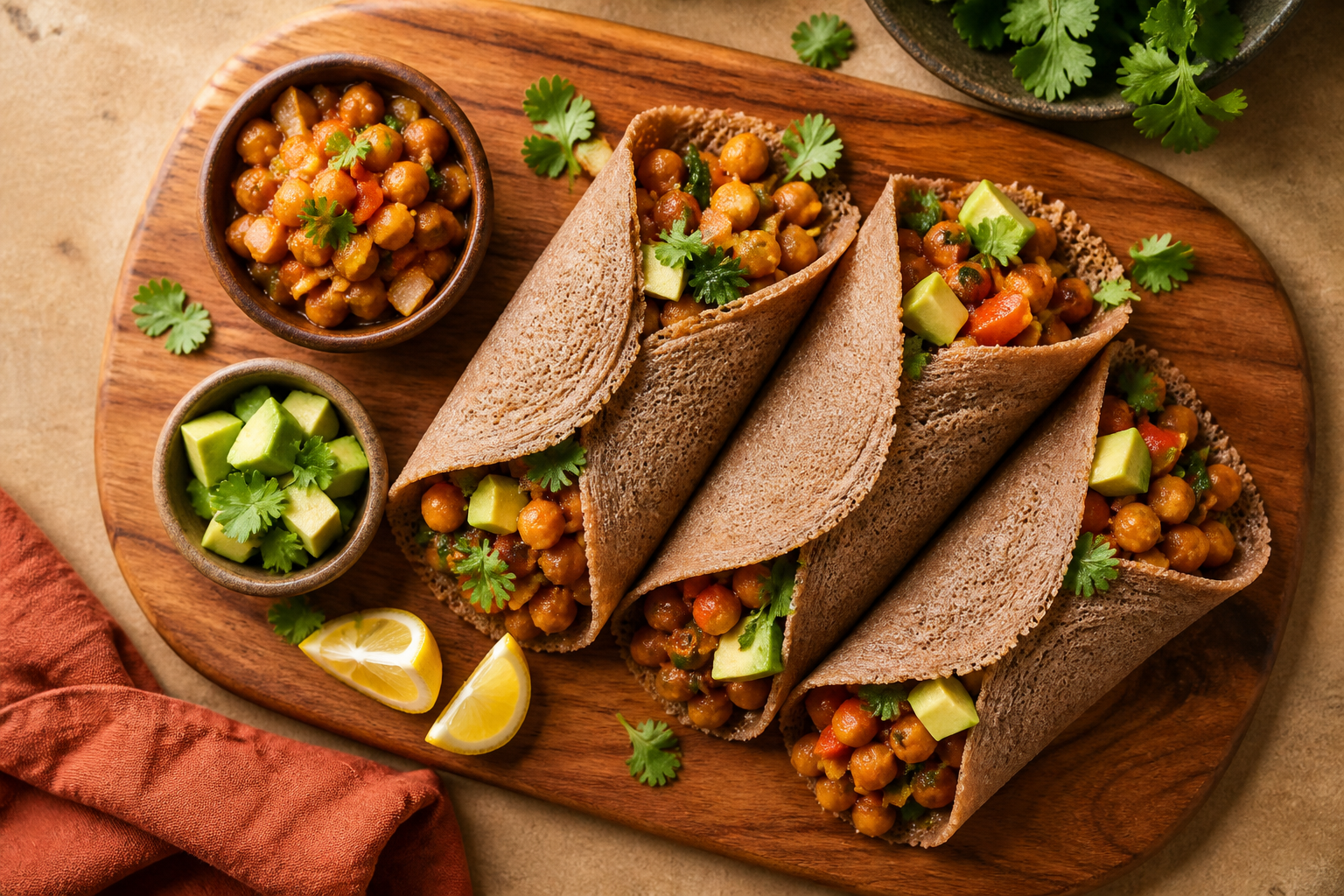 Overhead shot of Teff Injera Wraps with Chickpeas plated appetizingly in a wooden board