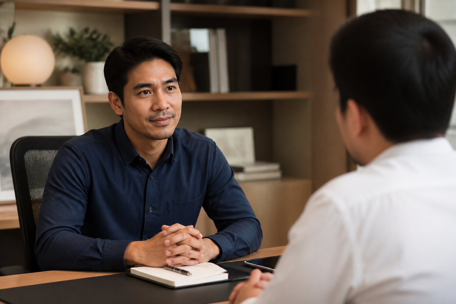 Filipino man in his 30s in a calm private office conversation with his supervisor