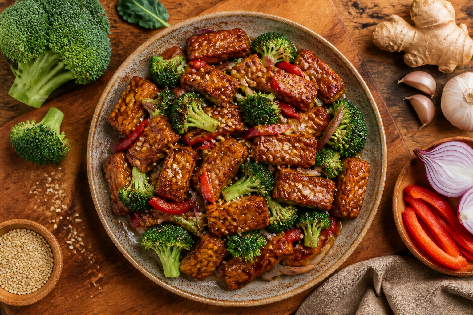 Overhead shot of Tempeh Stir Fry with Broccoli and Sesame plated appetizingly in a wooden board