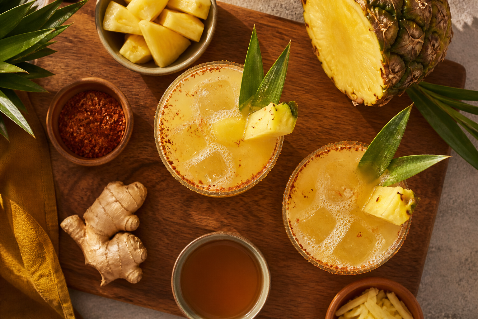Overhead shot of Tepache Pineapple Fizz plated appetizingly in a wooden board