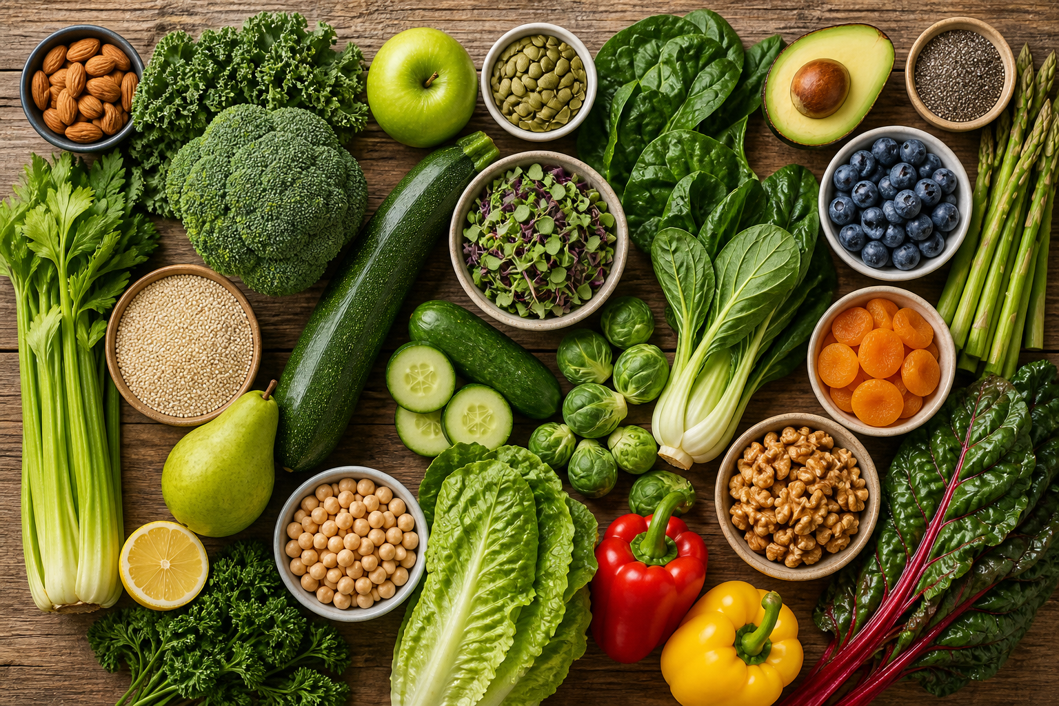 Overhead flat lay of foods representing The Alkaline Diet arranged beautifully on a wooden surface