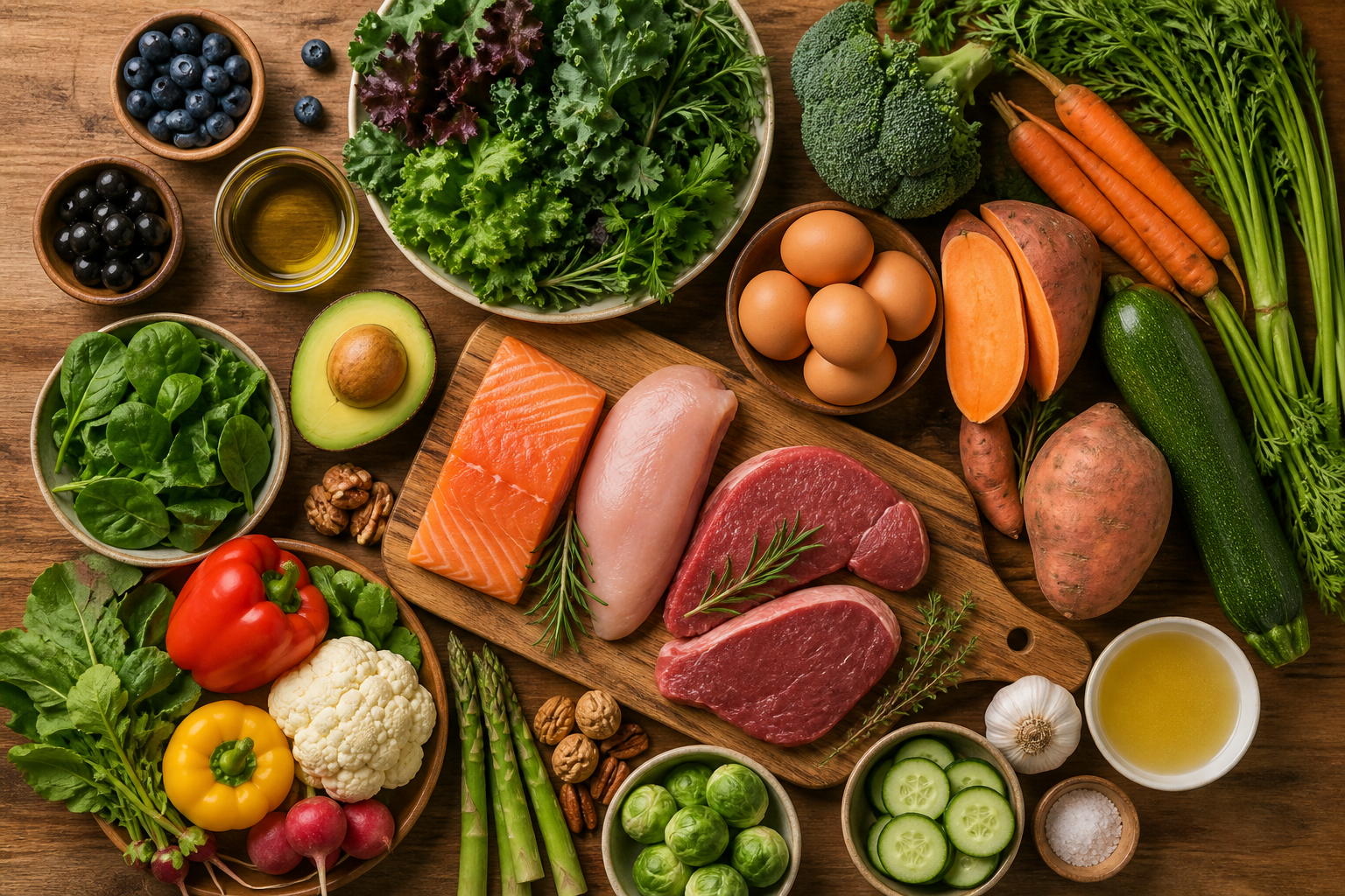 Overhead flat lay of foods representing The Autoimmune Protocol Diet