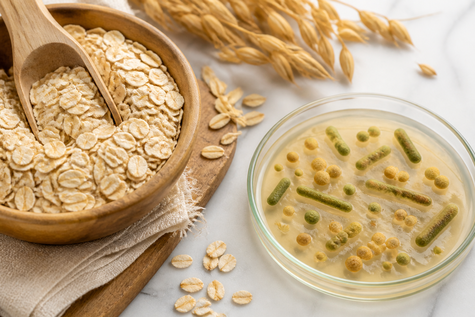 Close-up editorial still life of The Beta-Glucan in Oats and the Bacteria That Feast on It on a clean wooden or marble surface