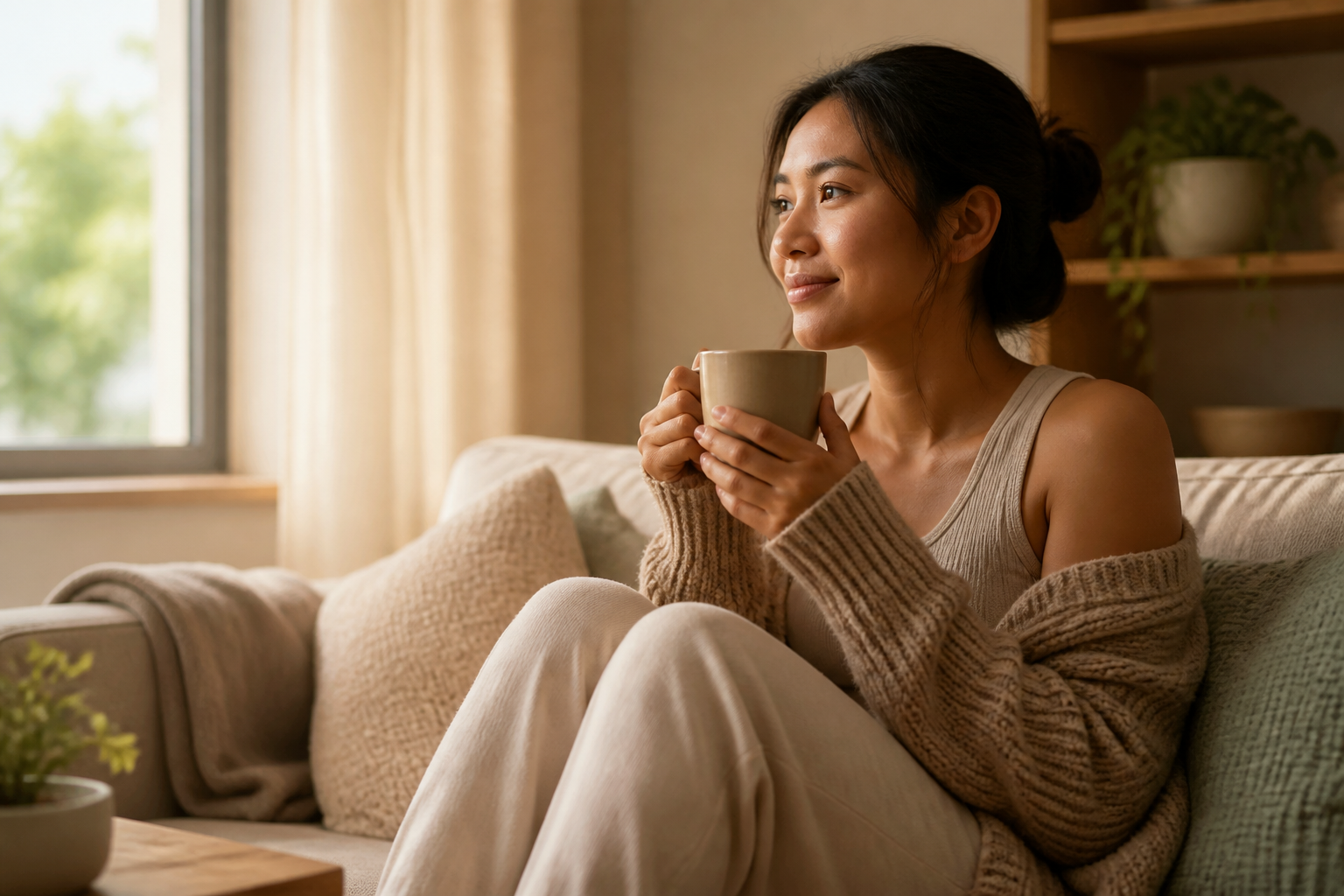 Filipino woman in her 20s or 30s at home with a warm mug
