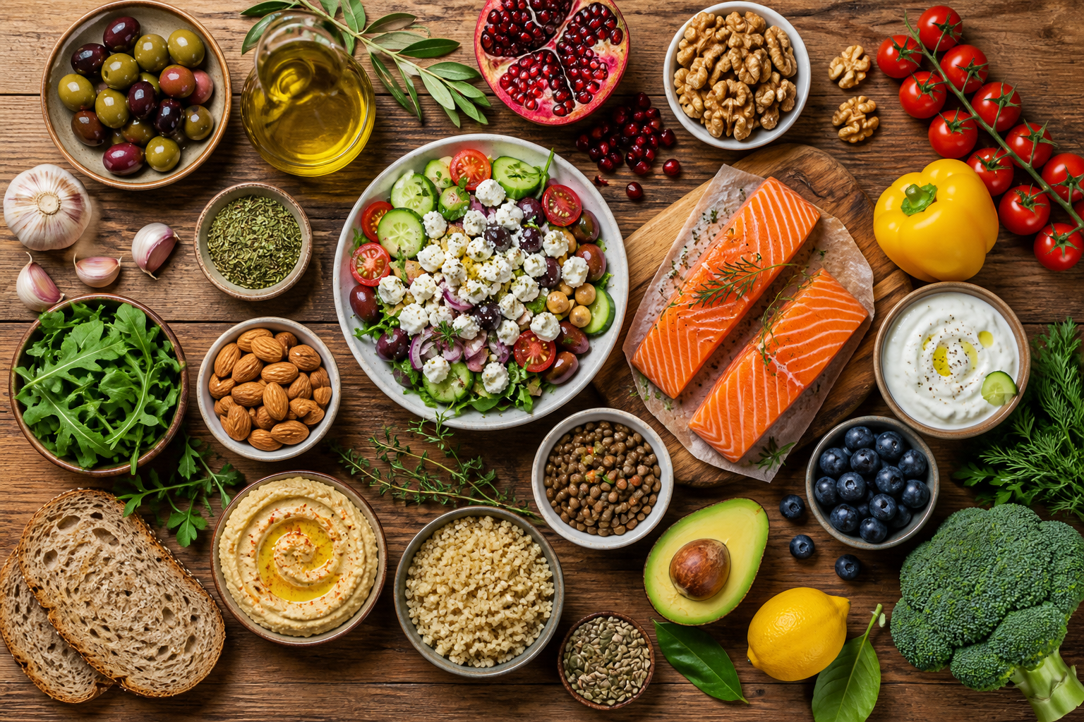 Overhead flat lay of foods representing The Mediterranean Diet for Your Gut arranged beautifully on a wooden surface
