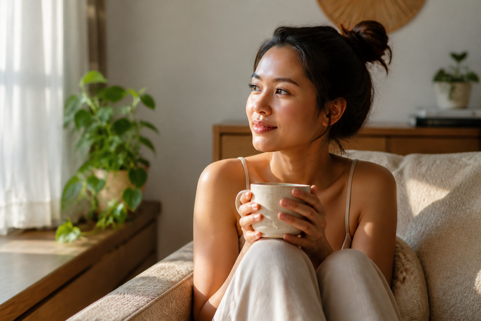 Filipino woman in her 20s or 30s at home with a warm mug