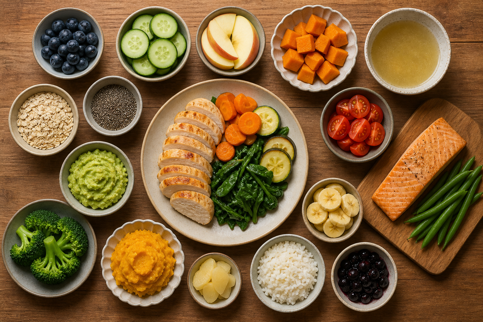 Overhead flat lay of foods representing The Reintroduction Protocol arranged beautifully on a wooden surface