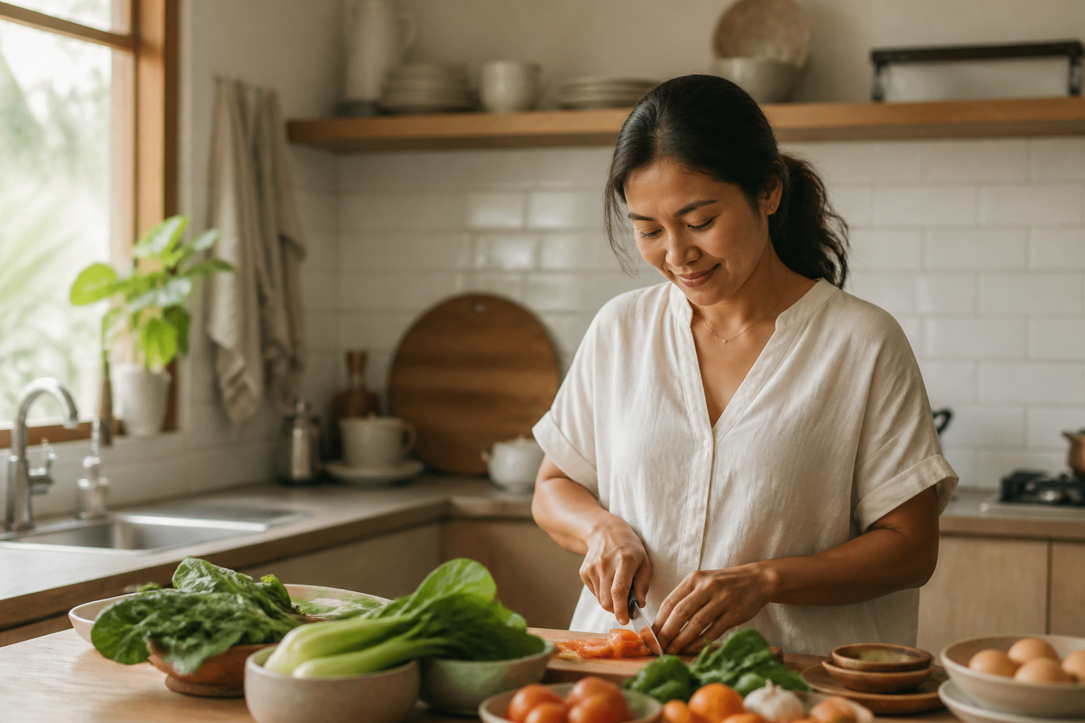 Filipino woman in her 30s in a warm home kitchen