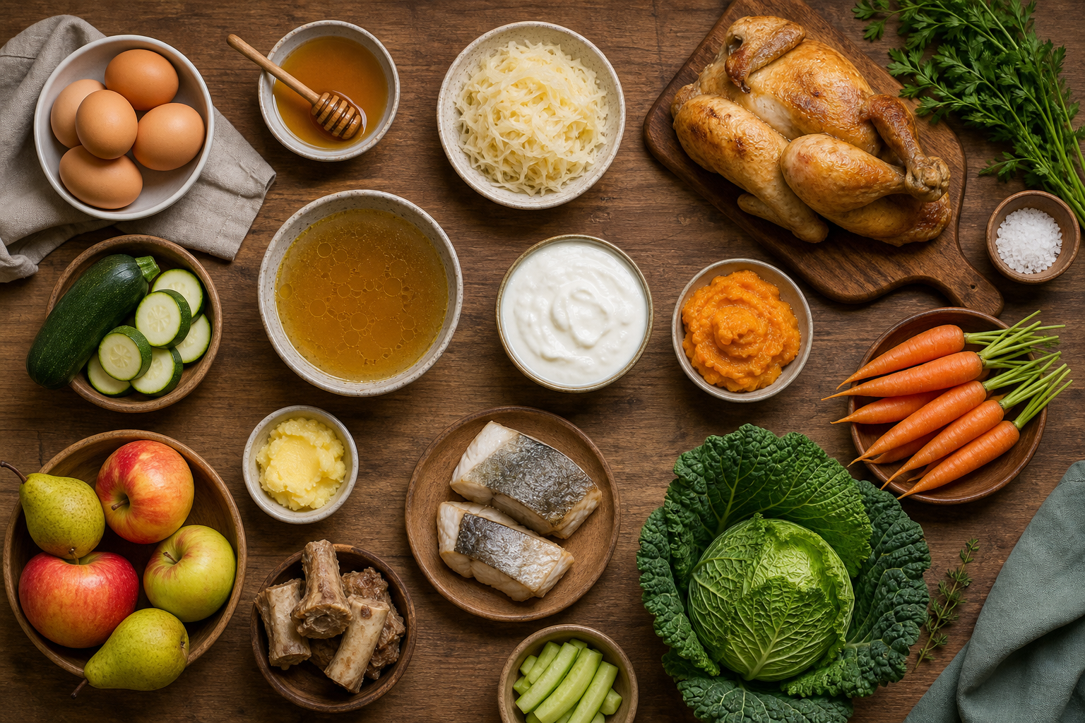 Overhead flat lay of foods representing The Specific Carbohydrate Diet (SCD) and GAPS Diet arranged beautifully on a wooden surface
