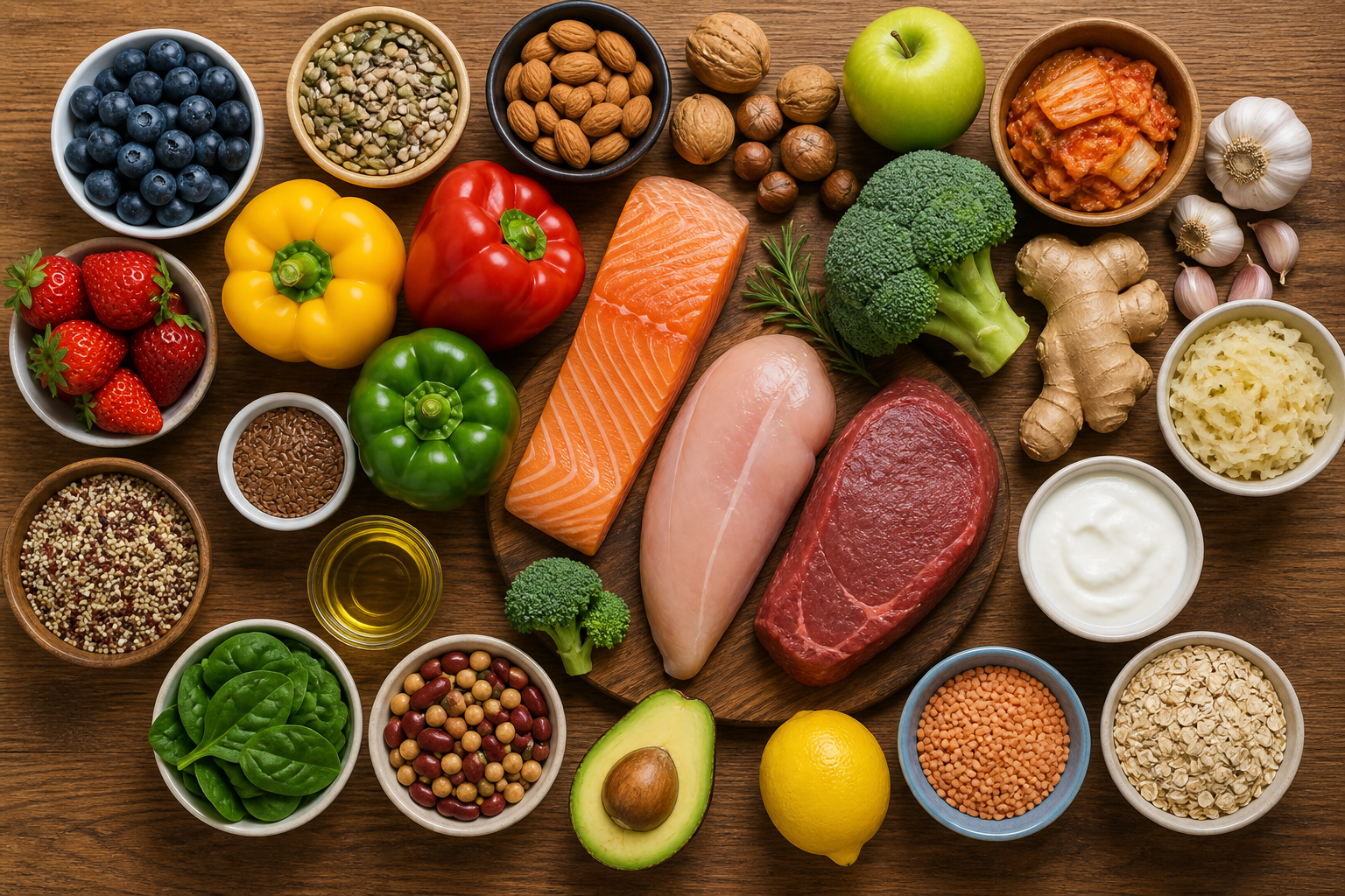 Overhead flat lay of foods representing The Zone Diet and Your Gut arranged beautifully on a wooden surface