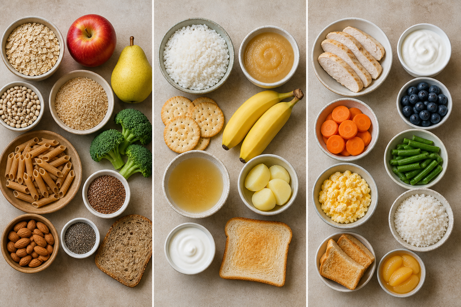 Triptych-inspired flat lay of three gut scenes side by side on a single surface — constipation foods