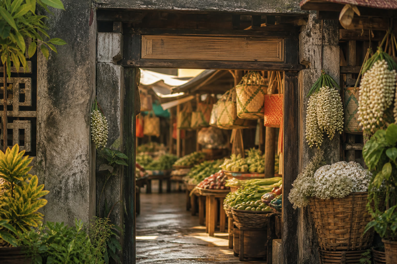 A narrow weathered entrance gate at a Philippine palengke with produce baskets and bayong bags beyond.