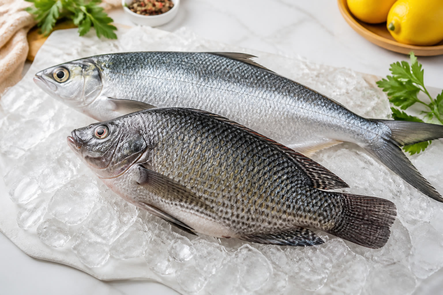 Whole fresh tilapia and bangus side by side on ice