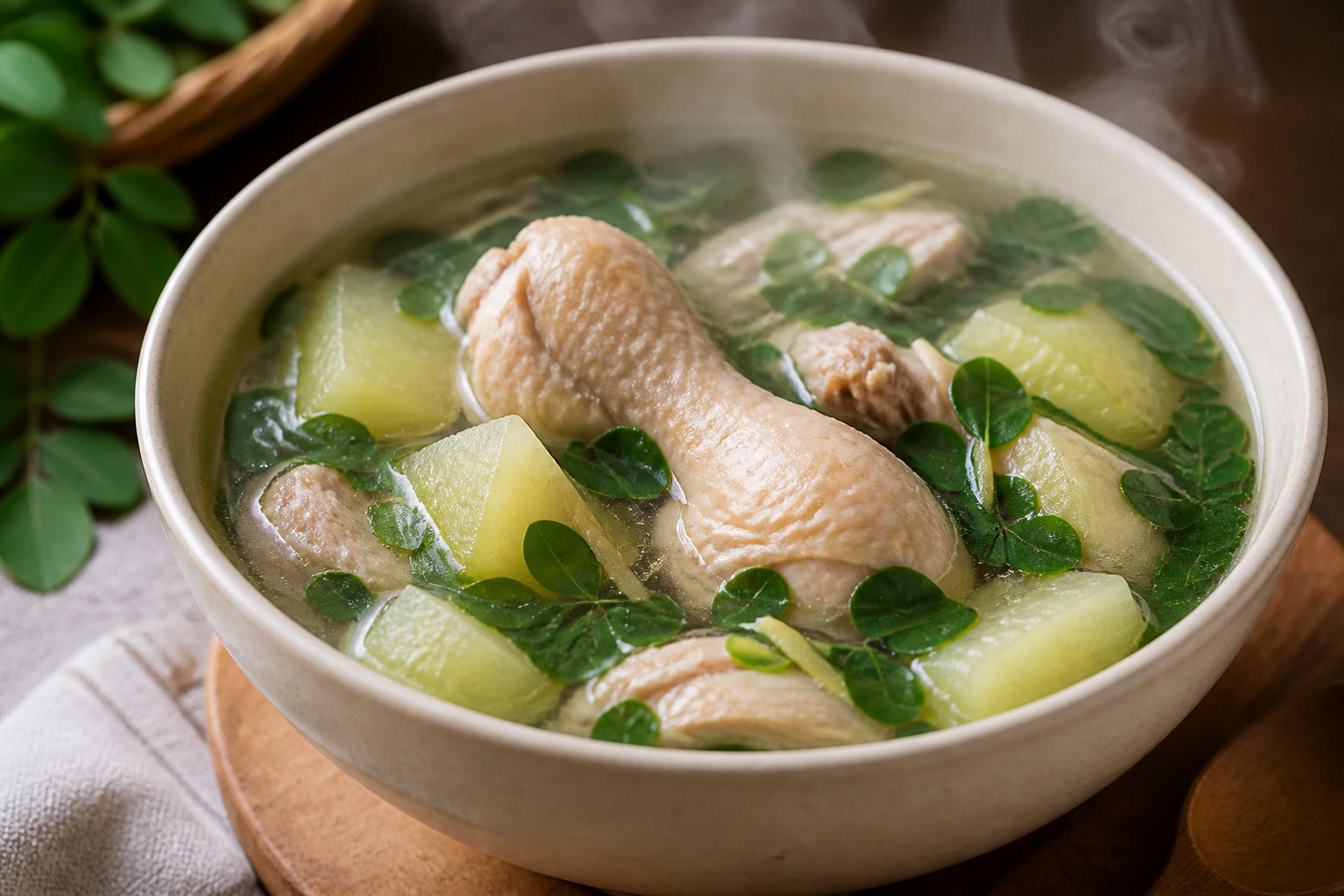 Steaming bowl of tinola with chicken, green papaya, and malunggay