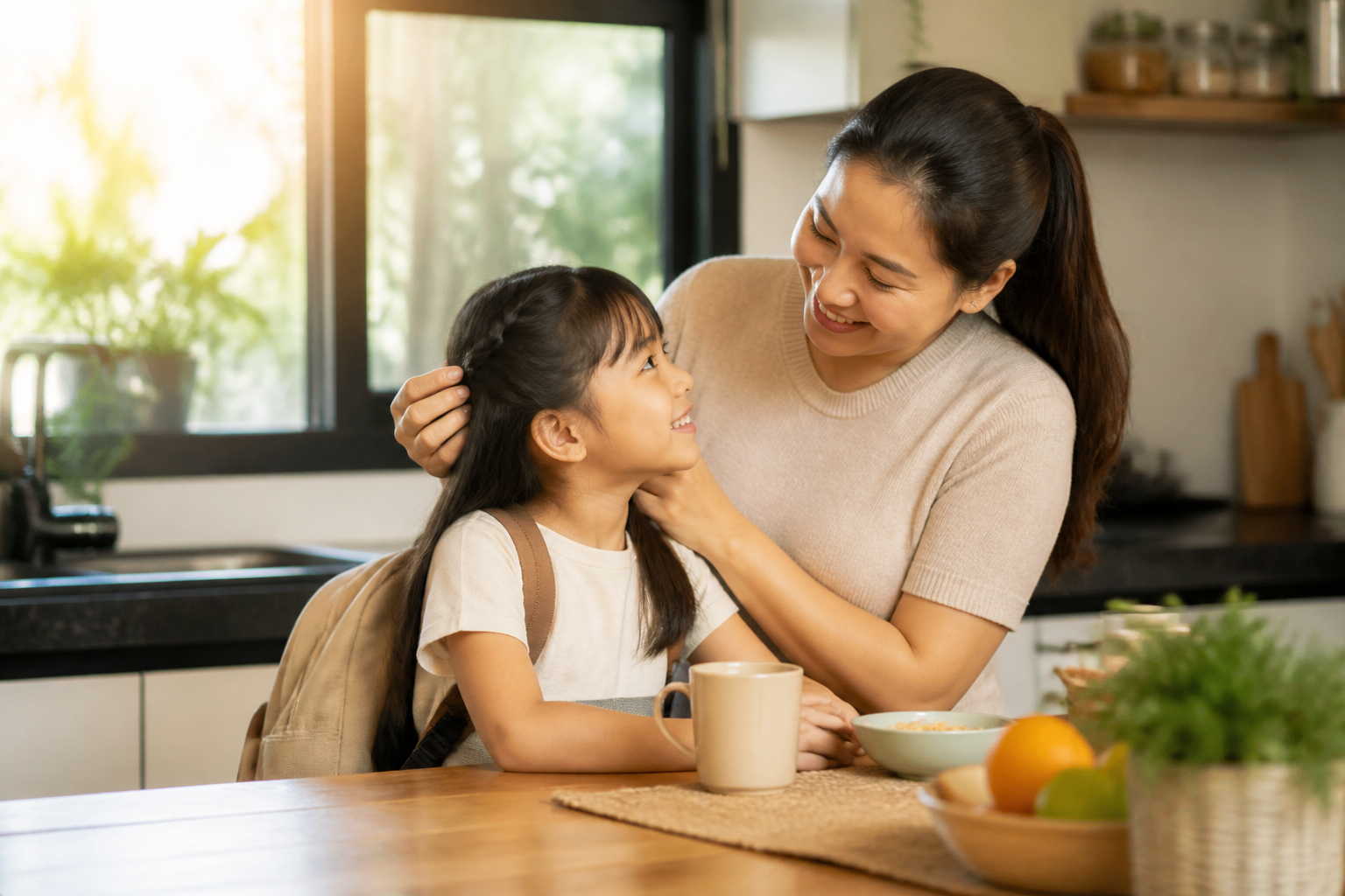 Filipino parent with a child age 6-8 in a warm home kitchen