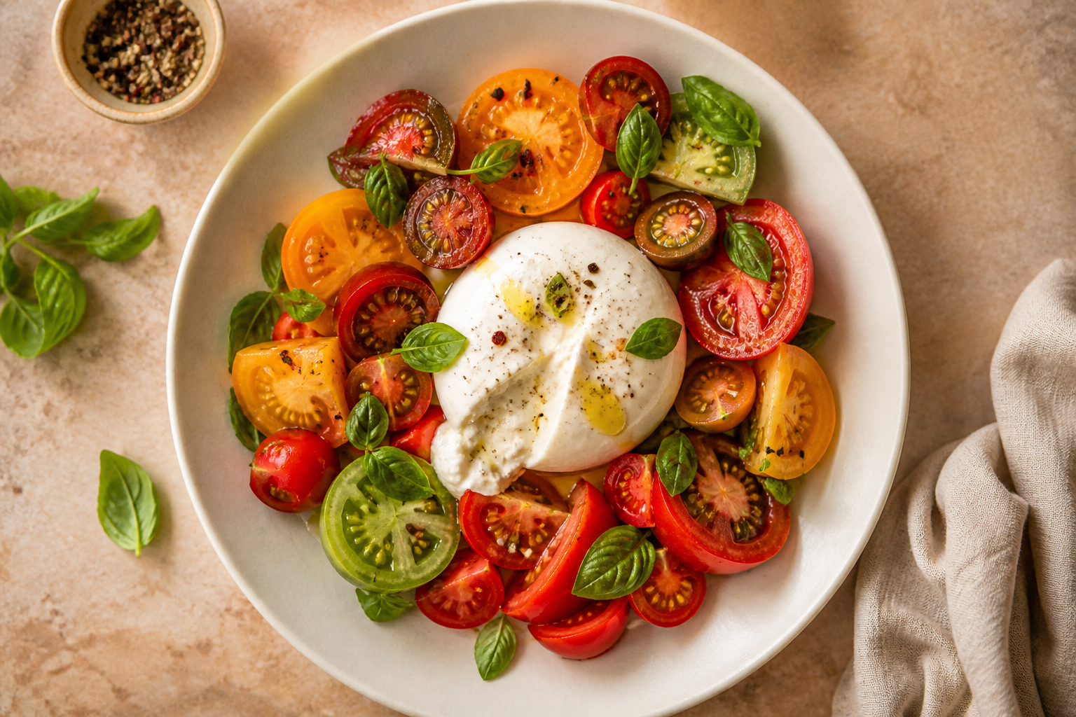 Overhead shot of Tomato and Burrata Salad plated appetizingly in a wide clean plate
