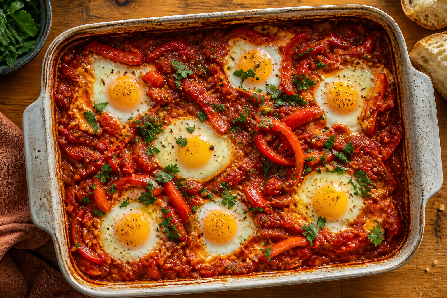 Overhead shot of Tomato Bell Pepper Shakshuka plated appetizingly in a baking tray