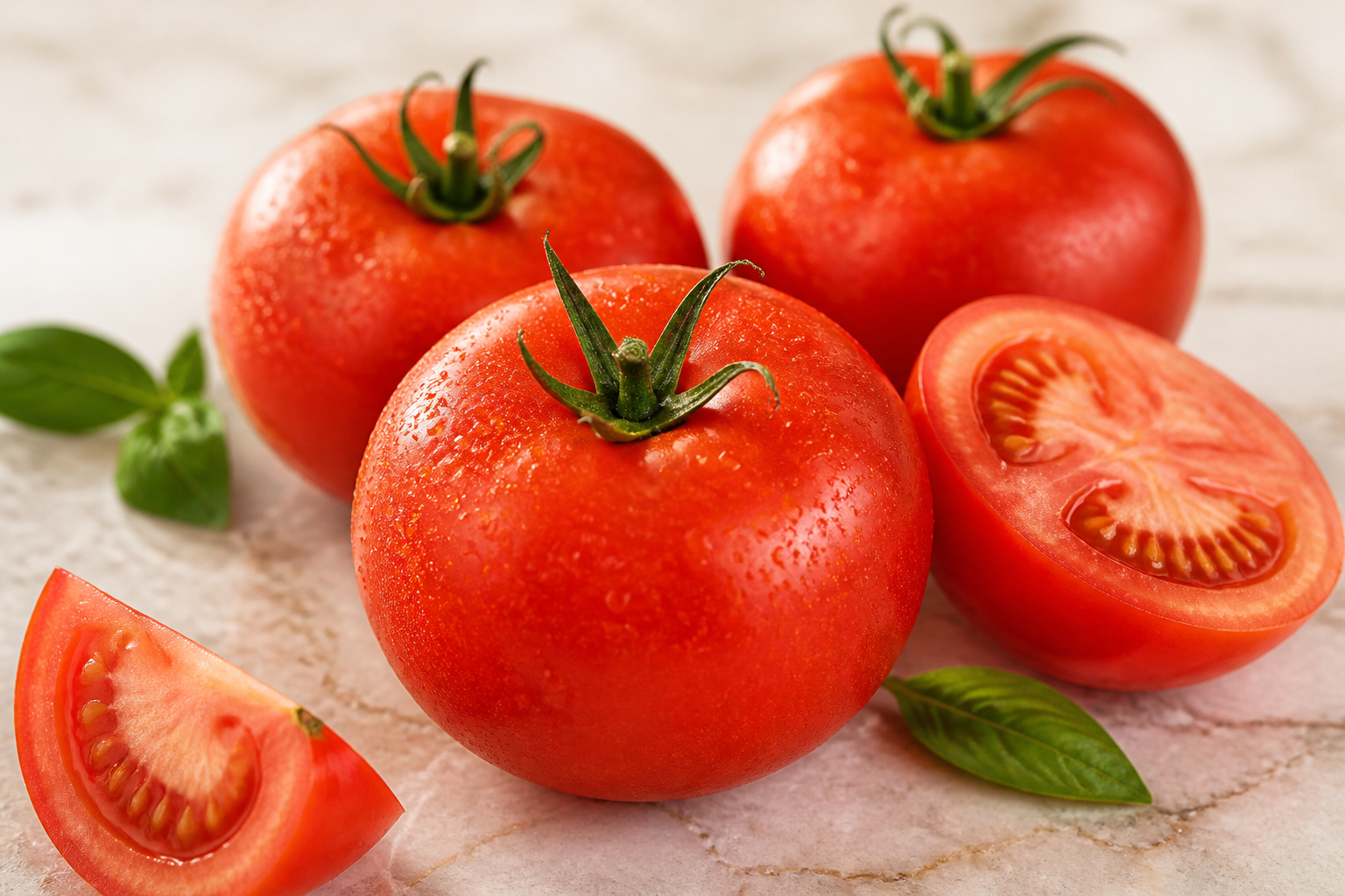 Close-up editorial still life of Tomato on a clean wooden or marble surface