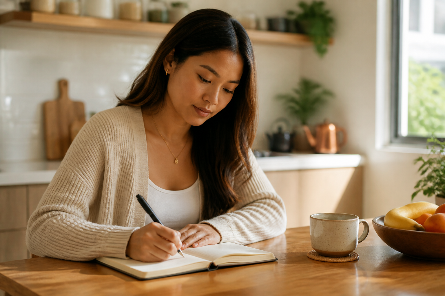 Filipino woman writing in a symptom journal at a kitchen table