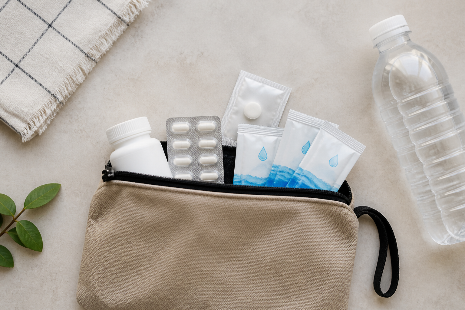 Flat lay of travel gut health essentials — probiotics