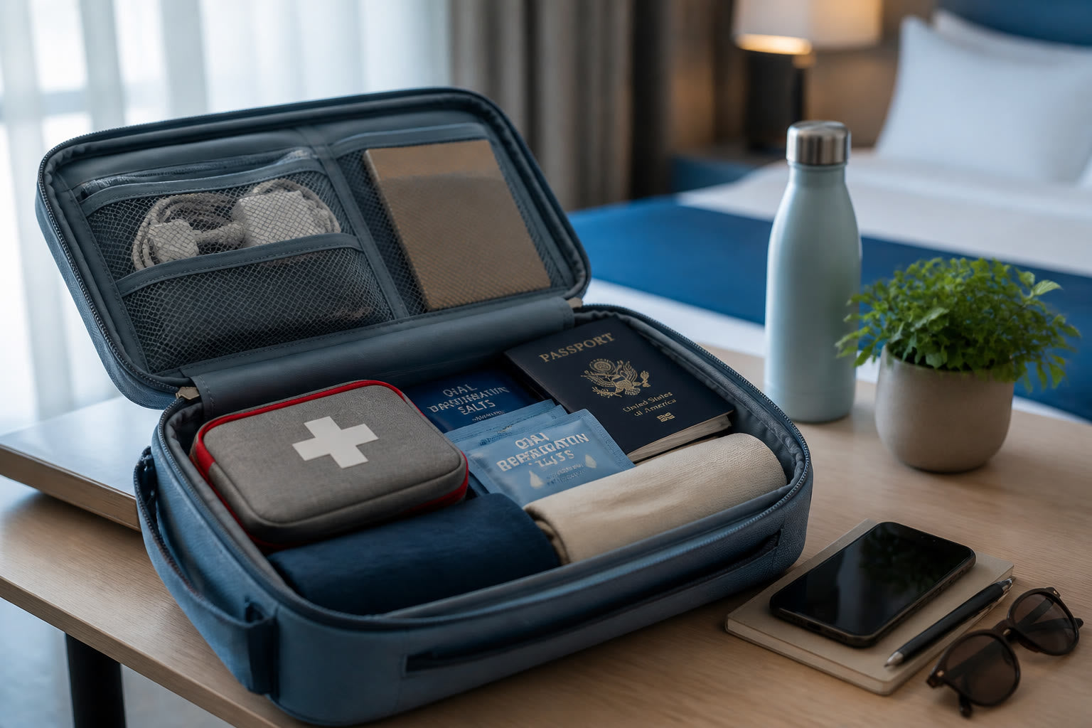 Travel bag with first aid kit, ORS packets, and passport