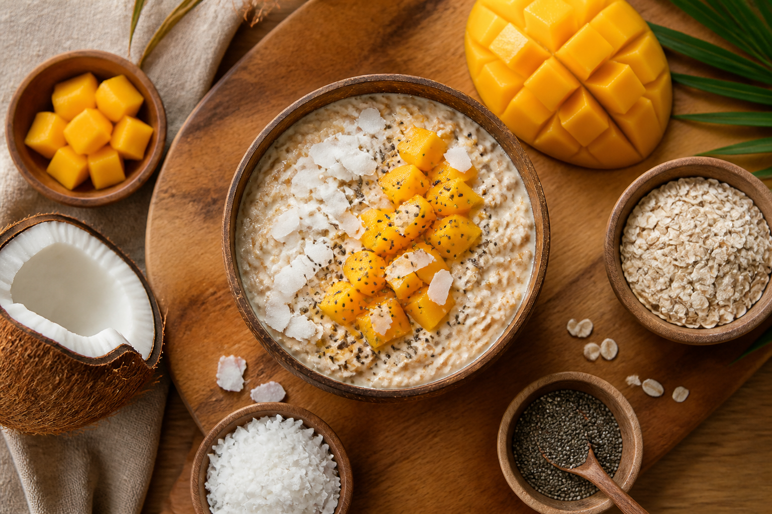 Overhead shot of Tropical Coconut Mango Overnight Oats plated appetizingly in a wooden board