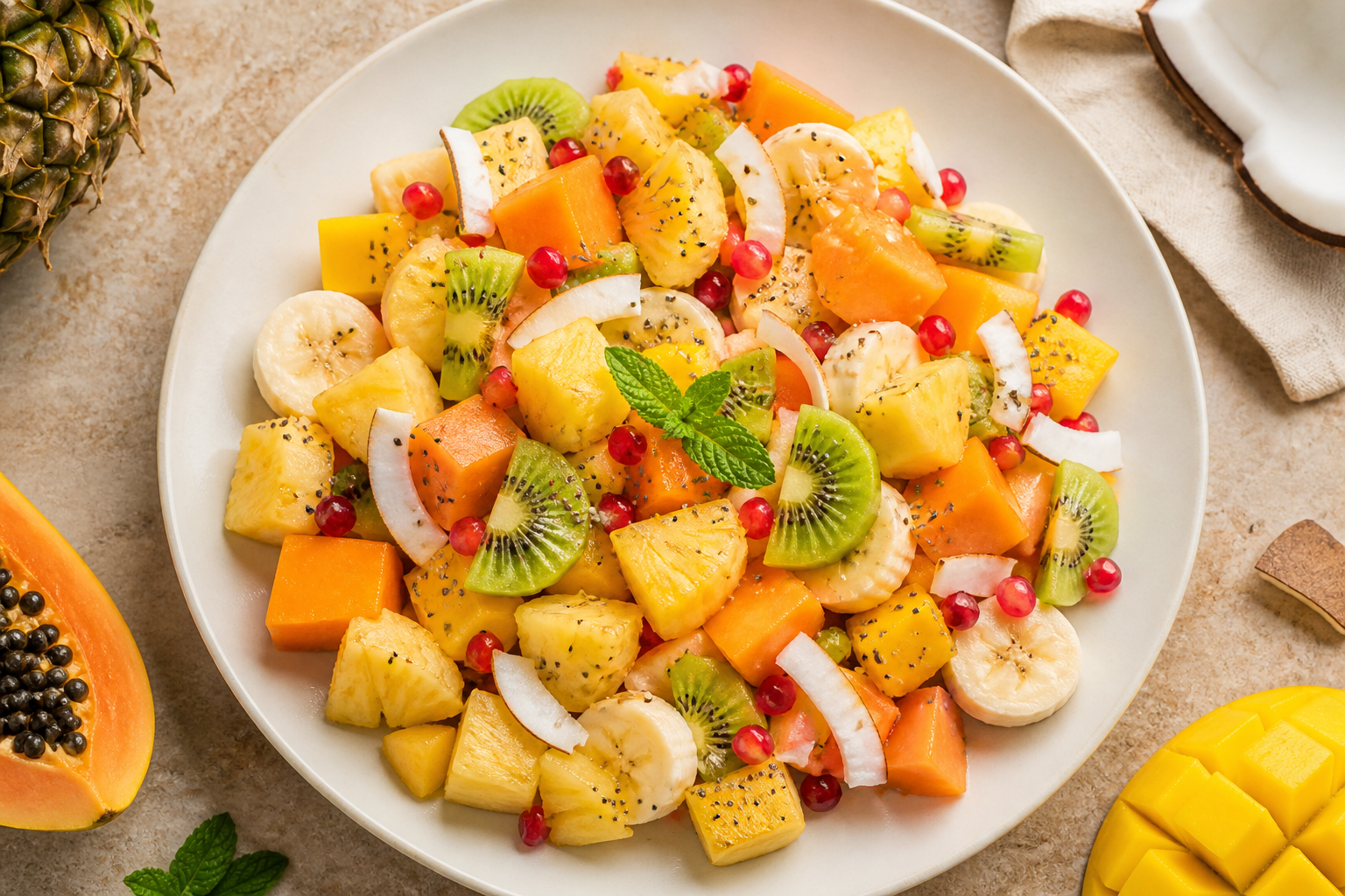 Overhead shot of Tropical Digestive Fruit Salad plated appetizingly in a wide clean plate