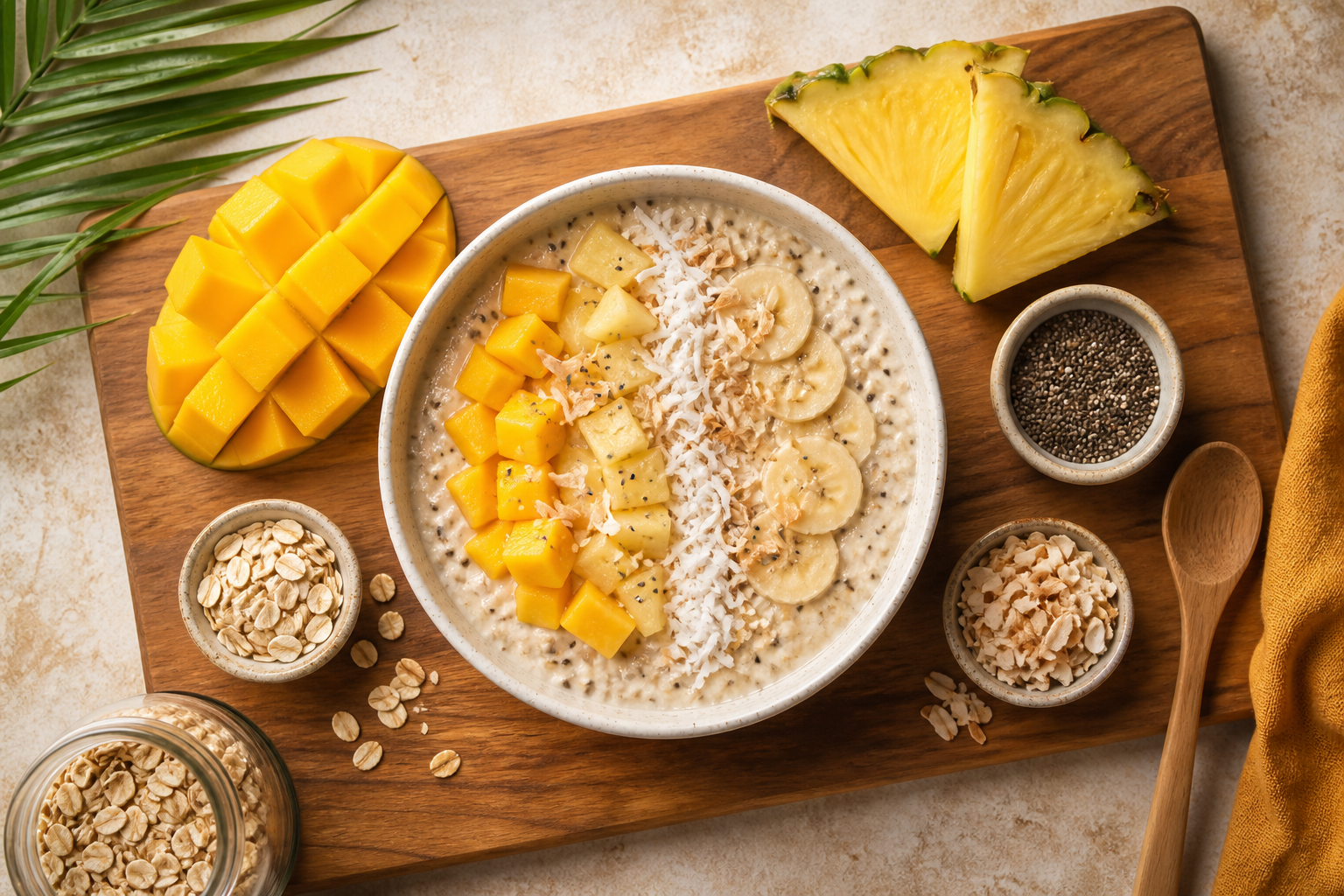 Overhead shot of Tropical Trio Overnight Oats plated appetizingly in a wooden board