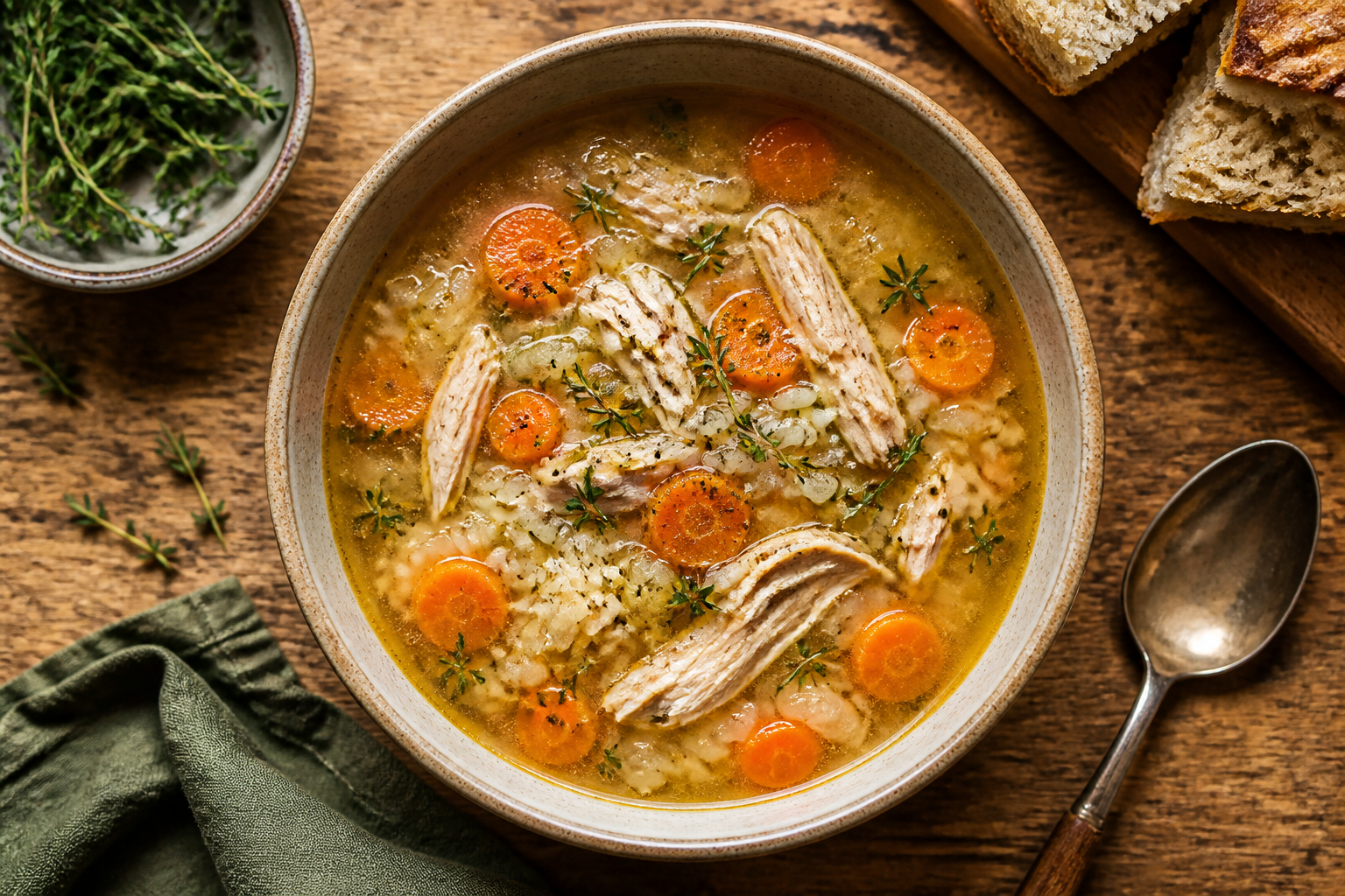 Overhead shot of Turkey and Rice Soup with Carrot and Thyme plated appetizingly in a ceramic bowl