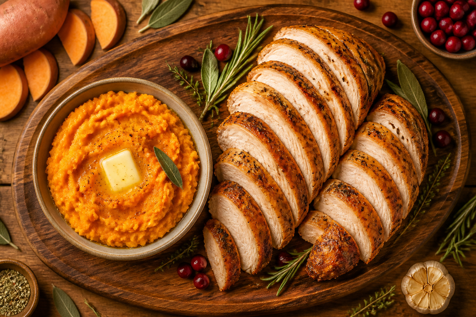 Overhead shot of Turkey and Sweet Potato Mash plated appetizingly in a wooden board