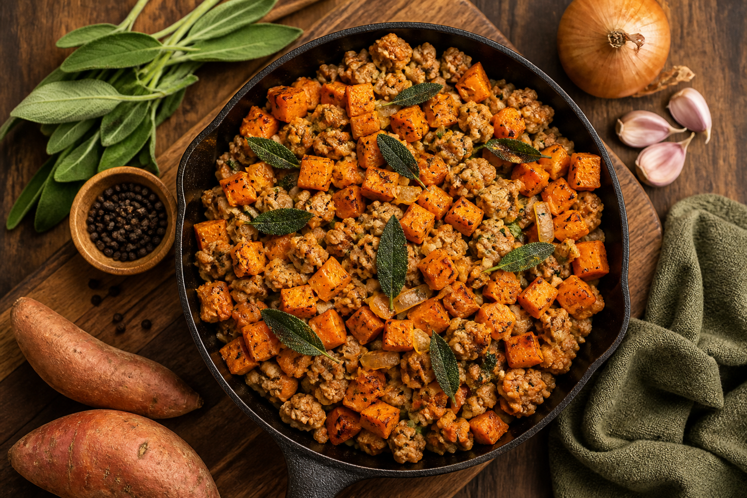 Overhead shot of Turkey and Sweet Potato Skillet with Sage plated appetizingly in a wooden board