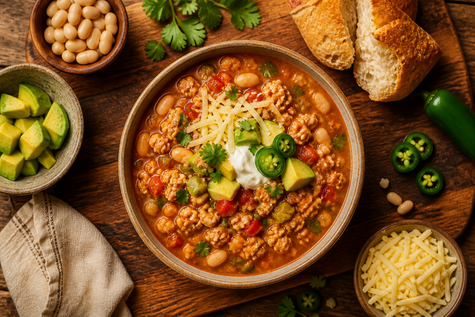 Overhead shot of Turkey and White Bean Chili plated appetizingly in a wooden board