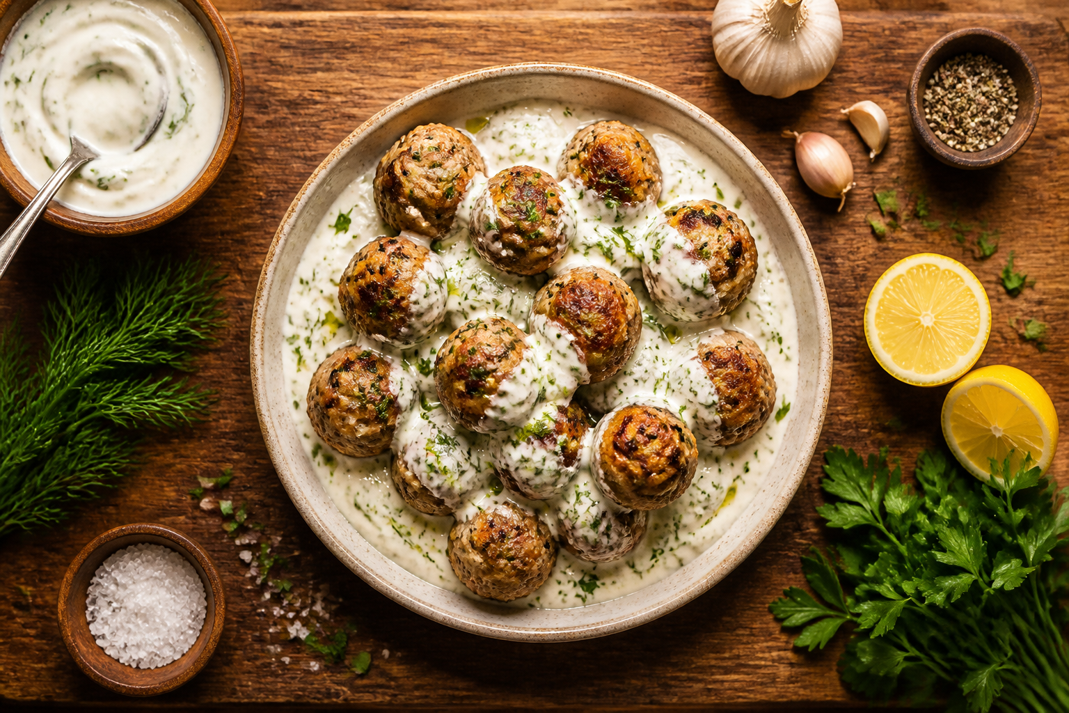 Overhead shot of Turkey Meatballs with Greek Yogurt Sauce plated appetizingly in a wooden board