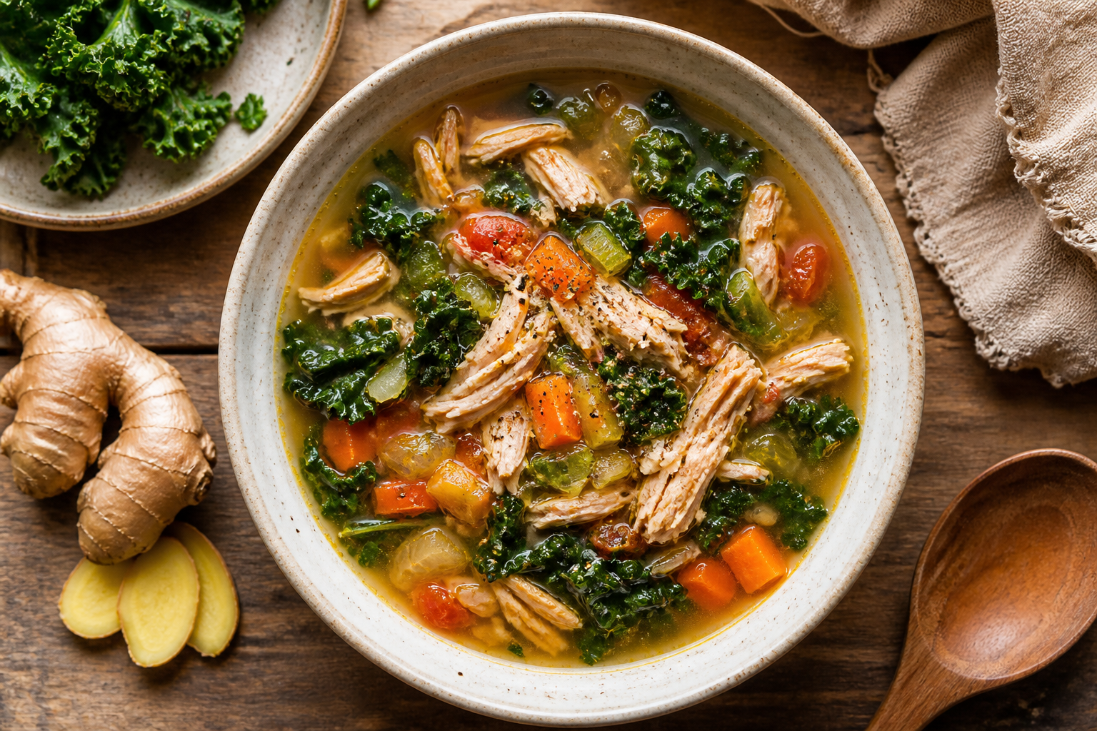 Overhead shot of Turkey Vegetable Soup with Ginger and Greens plated appetizingly in a ceramic bowl